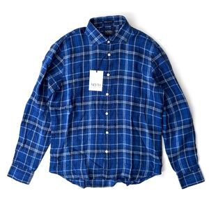 North Country Nwt European Flax Linen Blue Check L/S Button Front Shirt Medium M